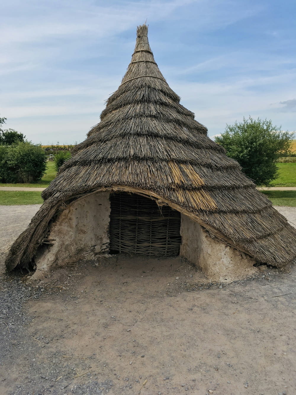 a hut with a thatched roof in a field