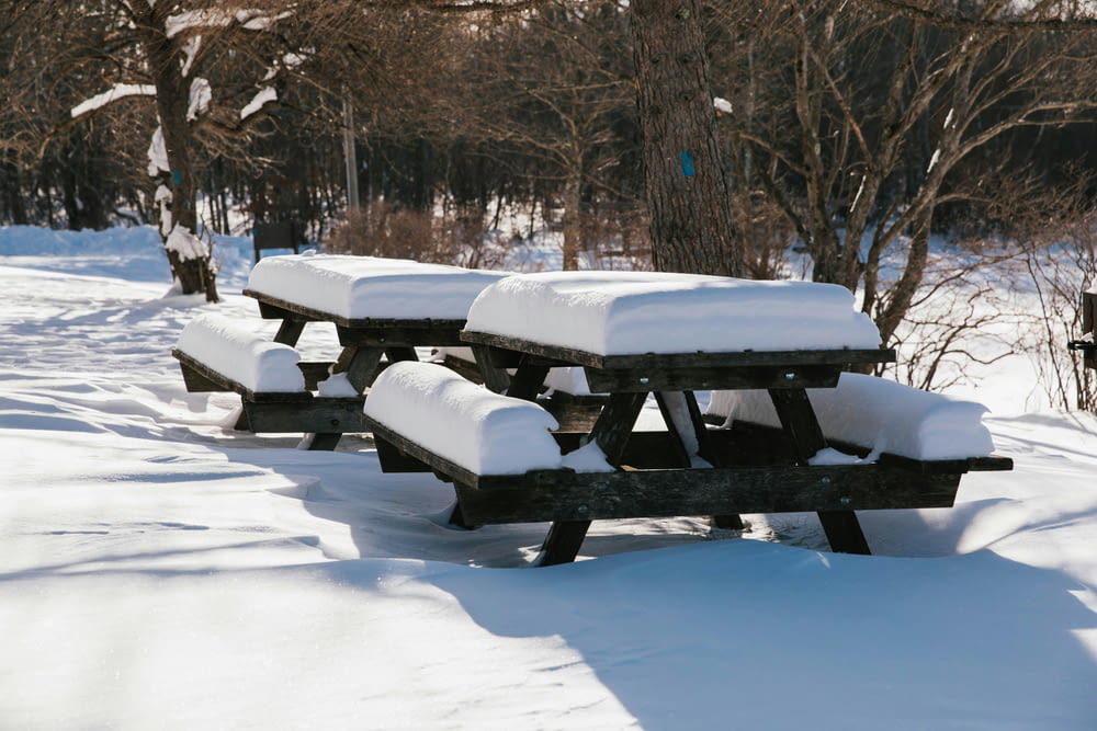 a group of benches covered in snow in a park