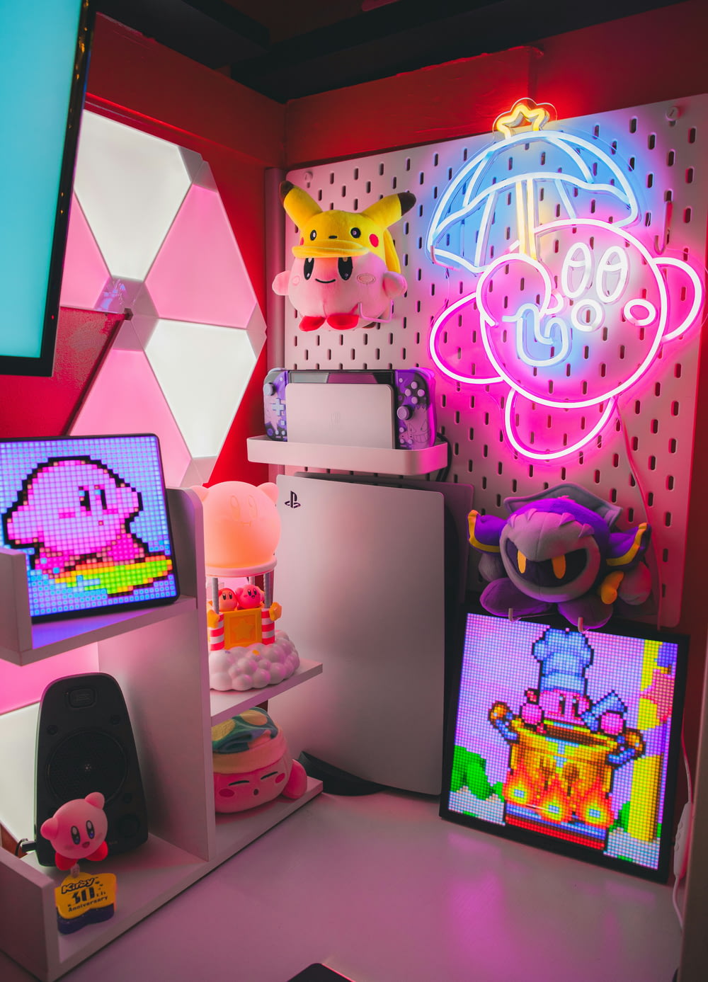 a room with a refrigerator and a neon sign on the wall