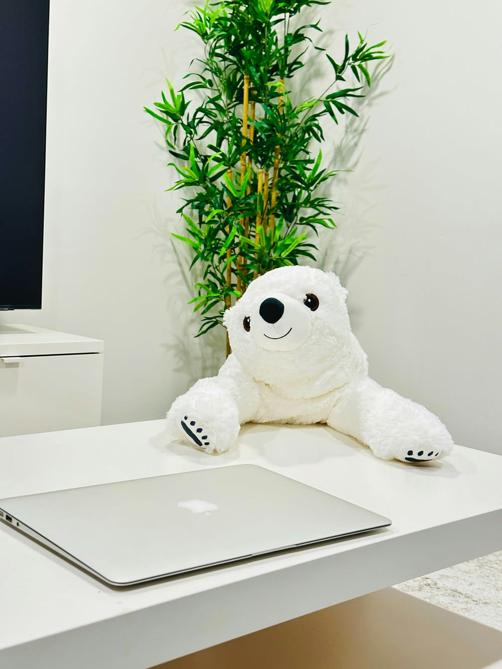 a white teddy bear sitting on a desk next to a laptop