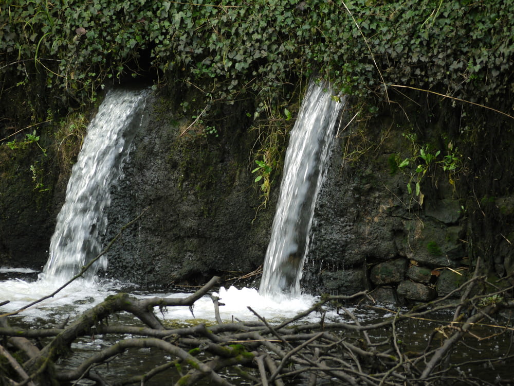a couple of small waterfalls in the middle of a forest