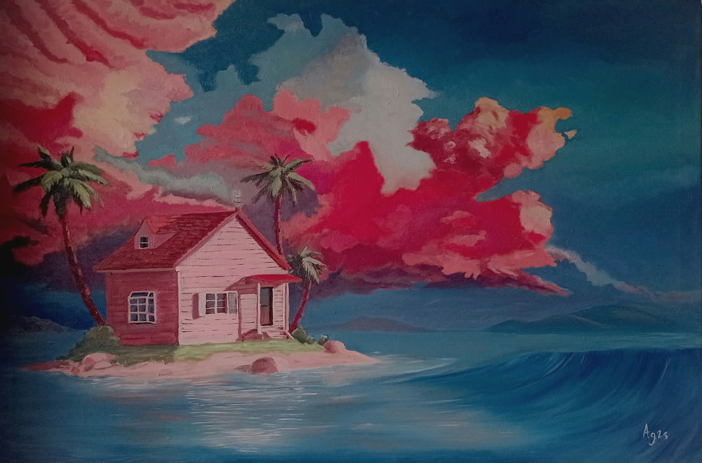 a painting of a house on a small island