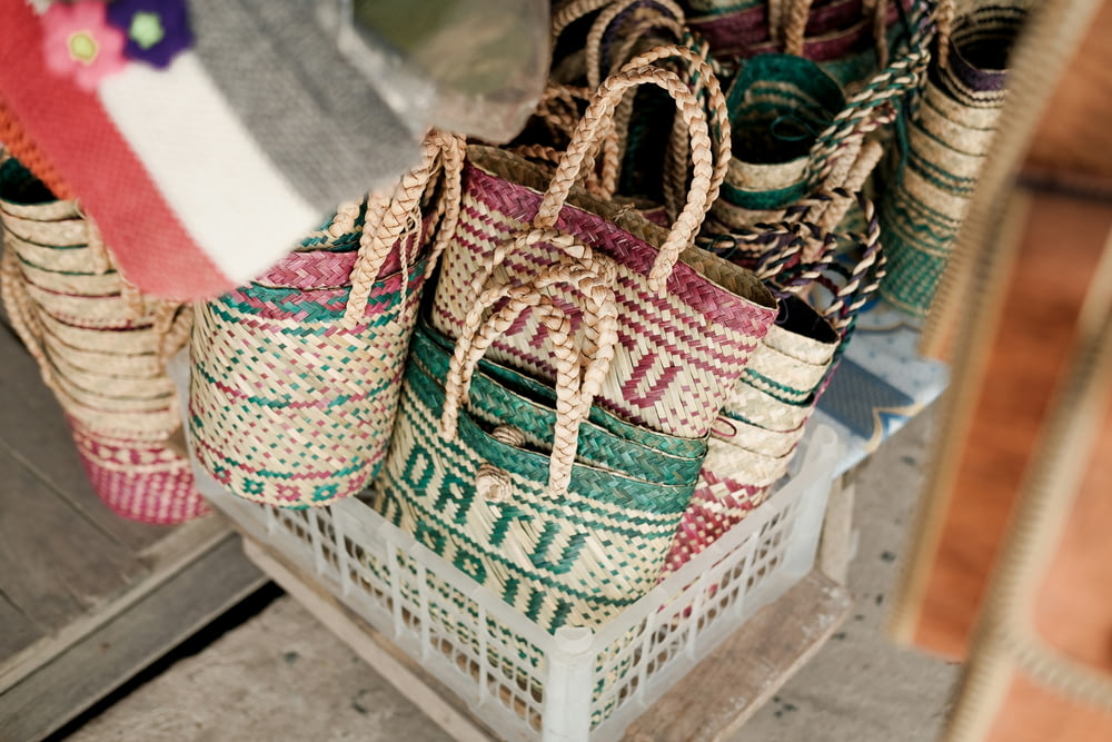a close up of a basket filled with bags