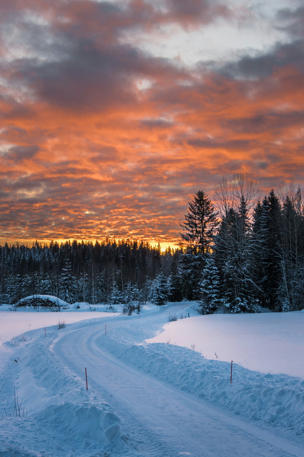 a snowy road with a sunset in the background