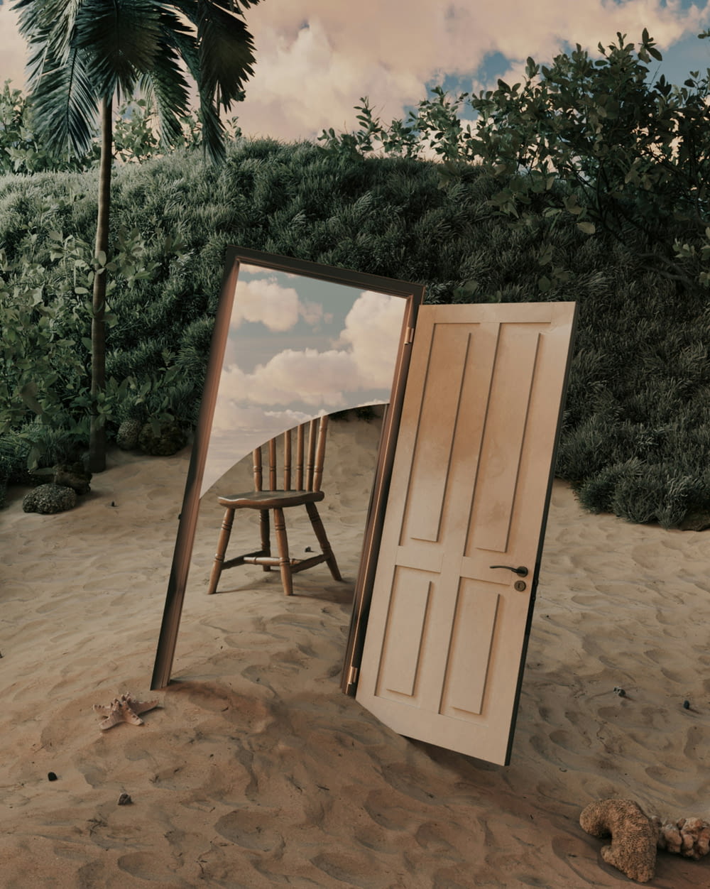 a wooden chair sitting in the sand next to a mirror