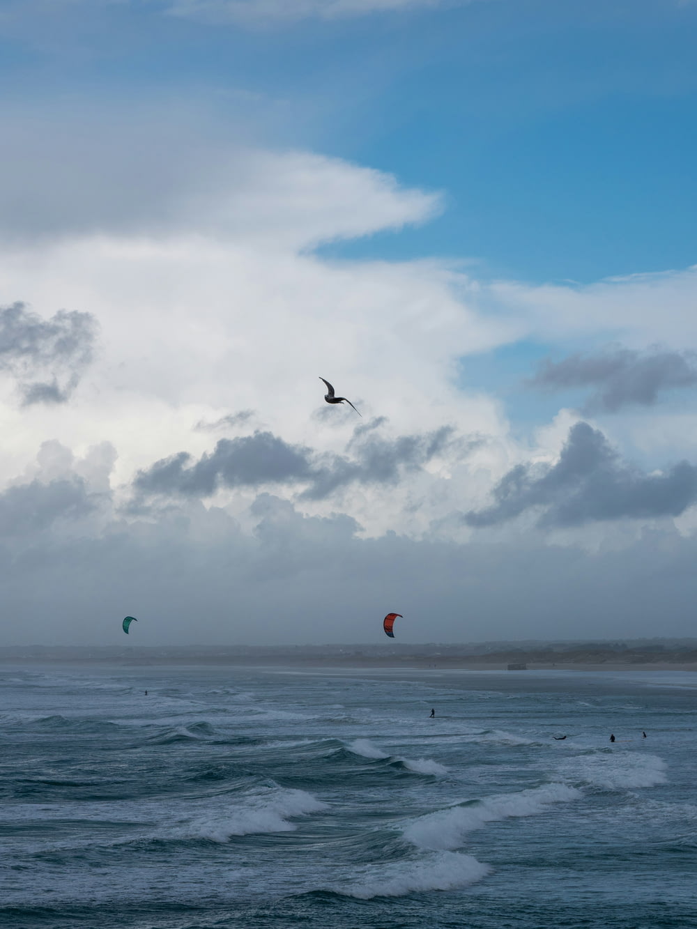 a group of kites flying over the ocean under a cloudy sky