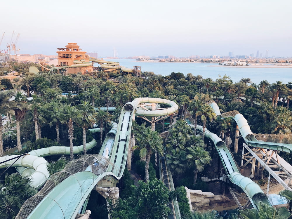 a water park with a water slide and palm trees