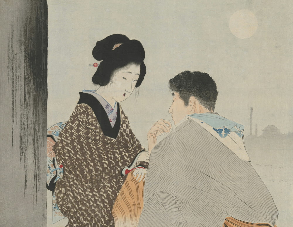 a painting of a man and a woman sitting next to each other