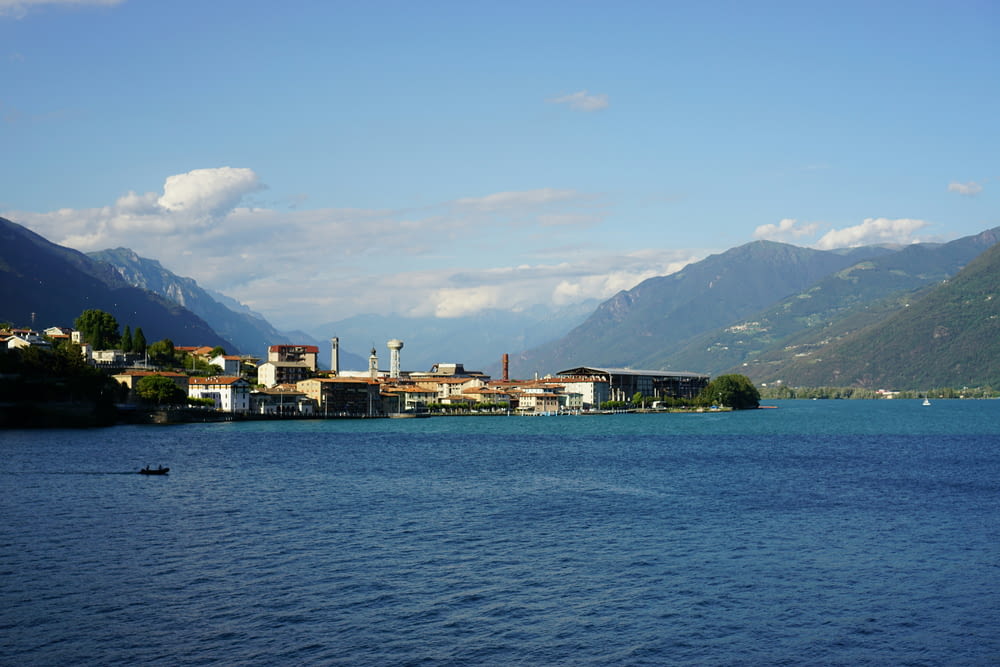 a body of water surrounded by mountains and a town