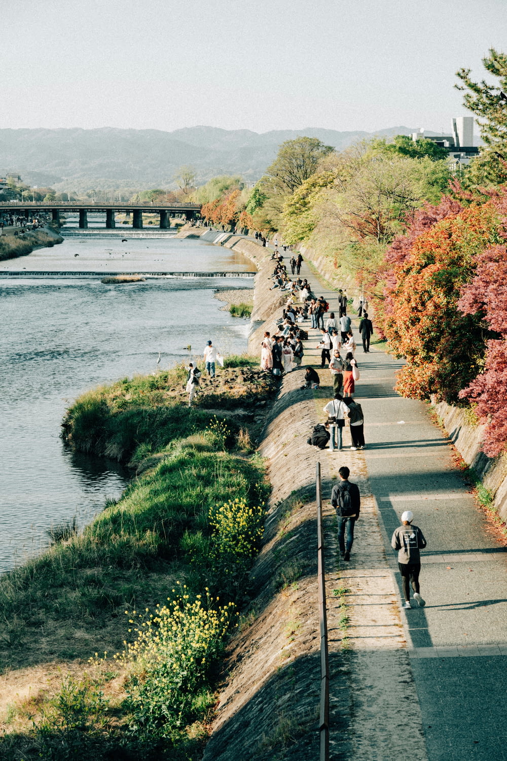 a group of people walking down a sidewalk next to a river