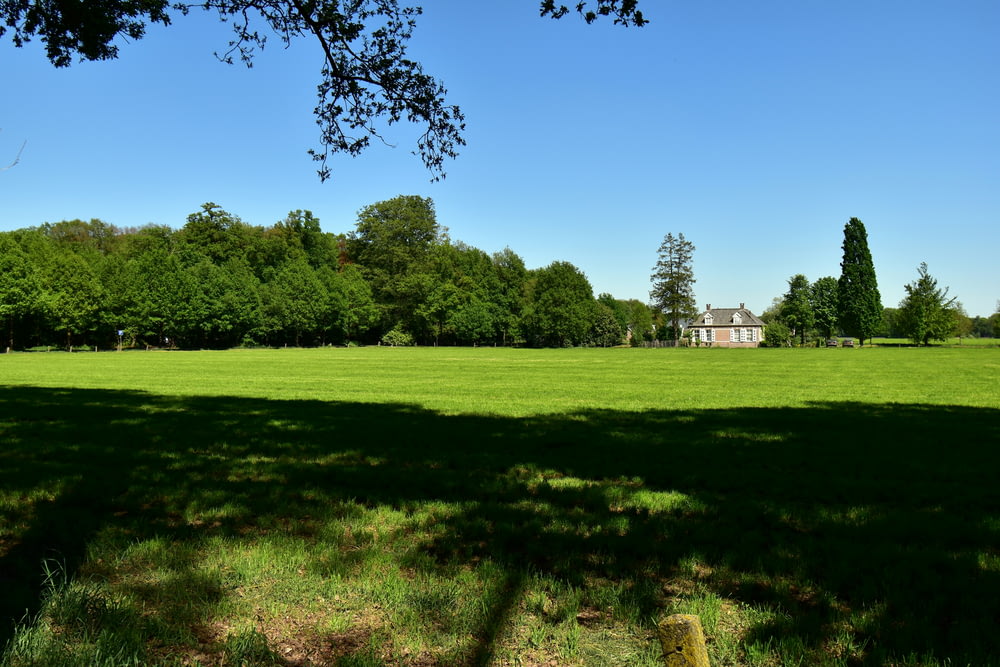 a large open field with a house in the distance