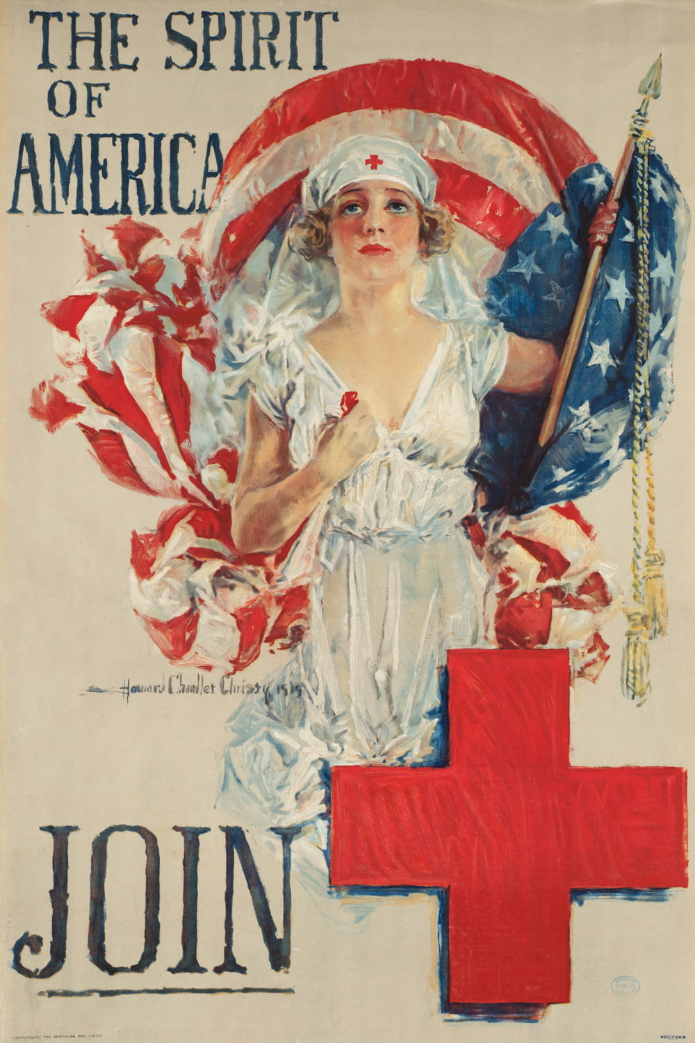 a red cross poster with a woman holding an american flag