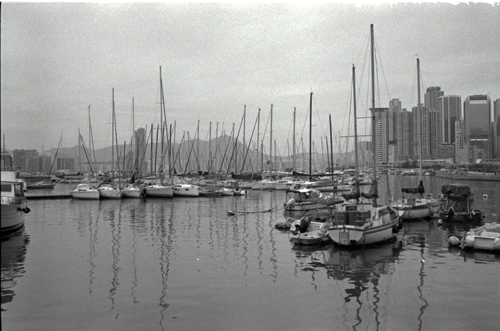 a black and white photo of a harbor filled with boats