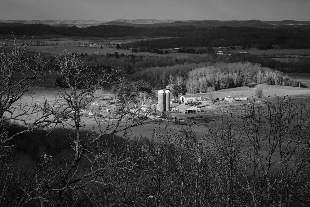 農場の白黒写真