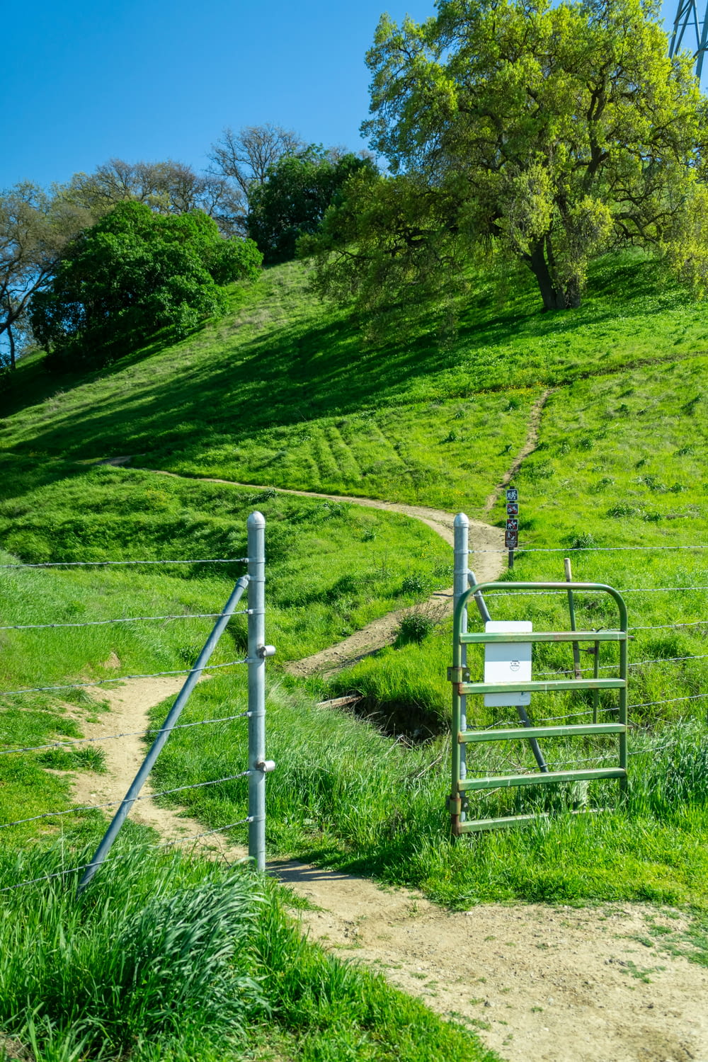 a metal gate on the side of a grassy hill