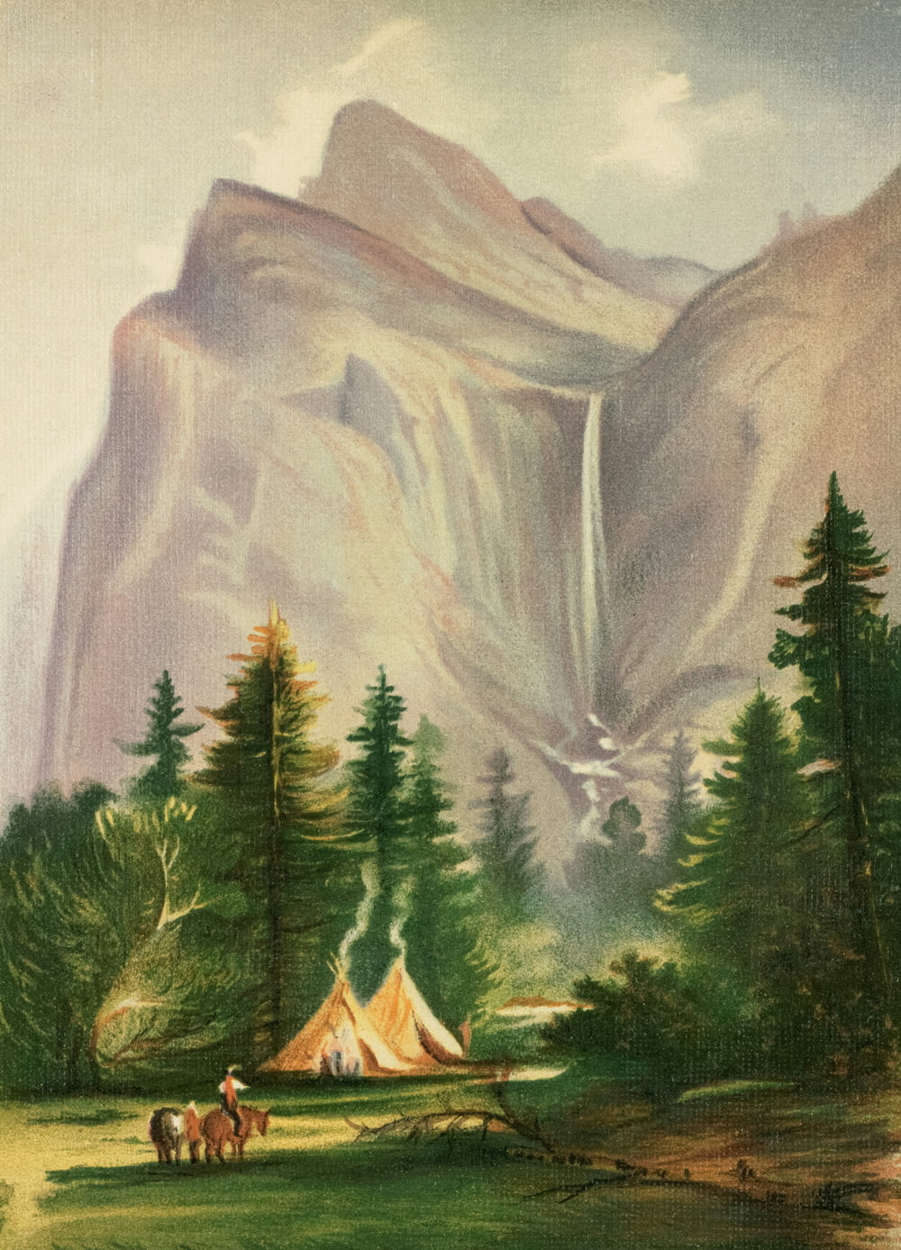a painting of a mountain scene with a tent and horses