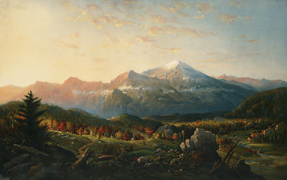 a painting of a mountain scene with a sunset