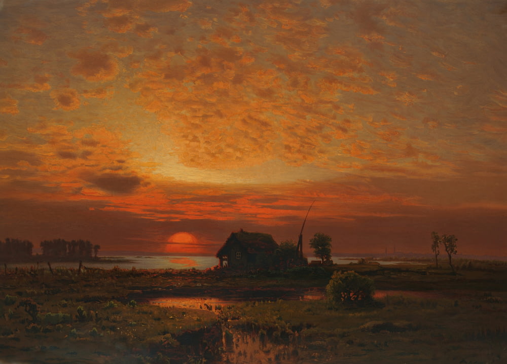 a painting of a sunset over a body of water