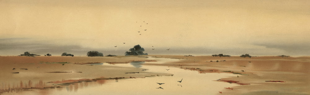a painting of birds flying over a body of water