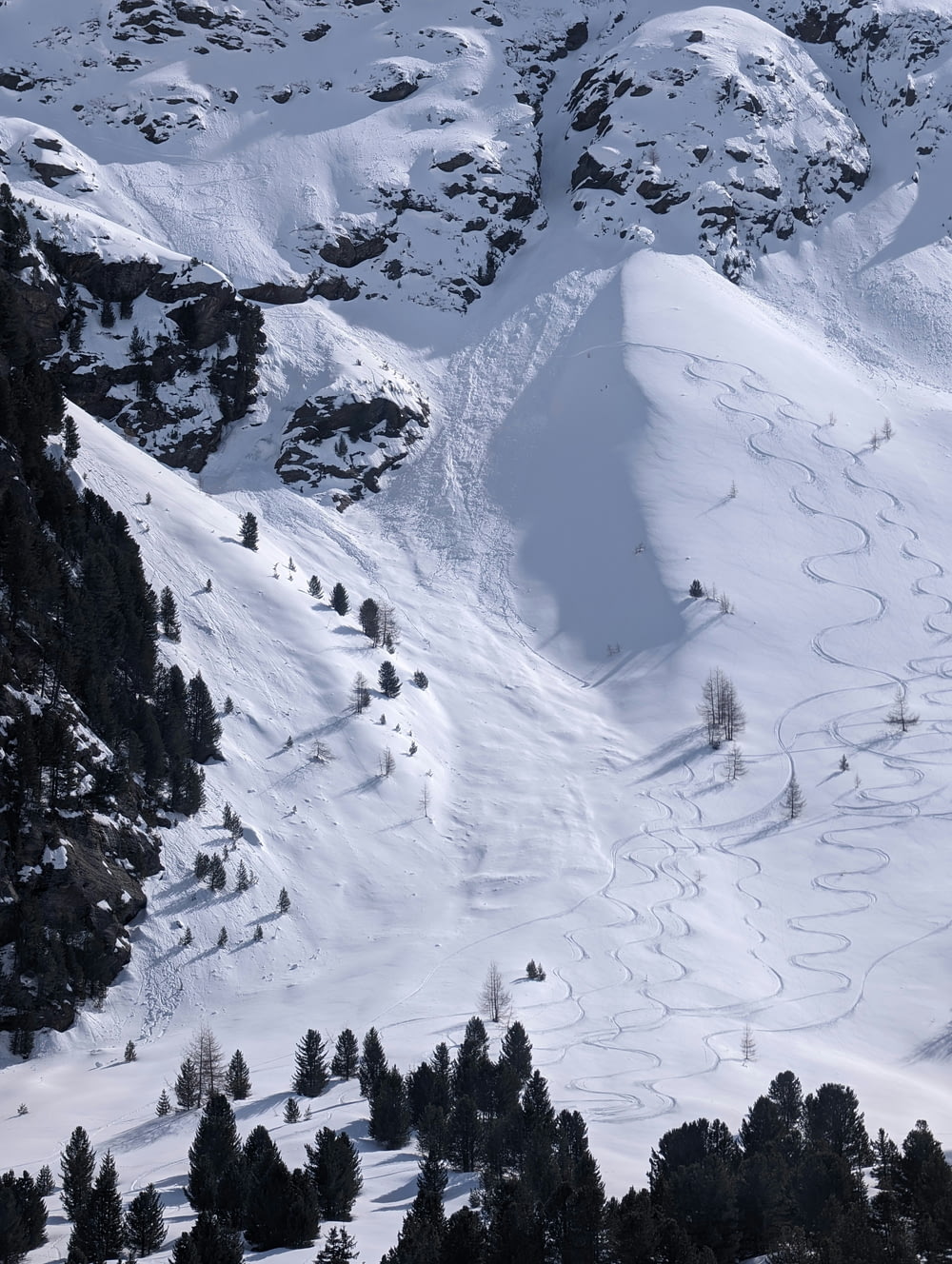 uma montanha coberta de neve com trilhas na neve