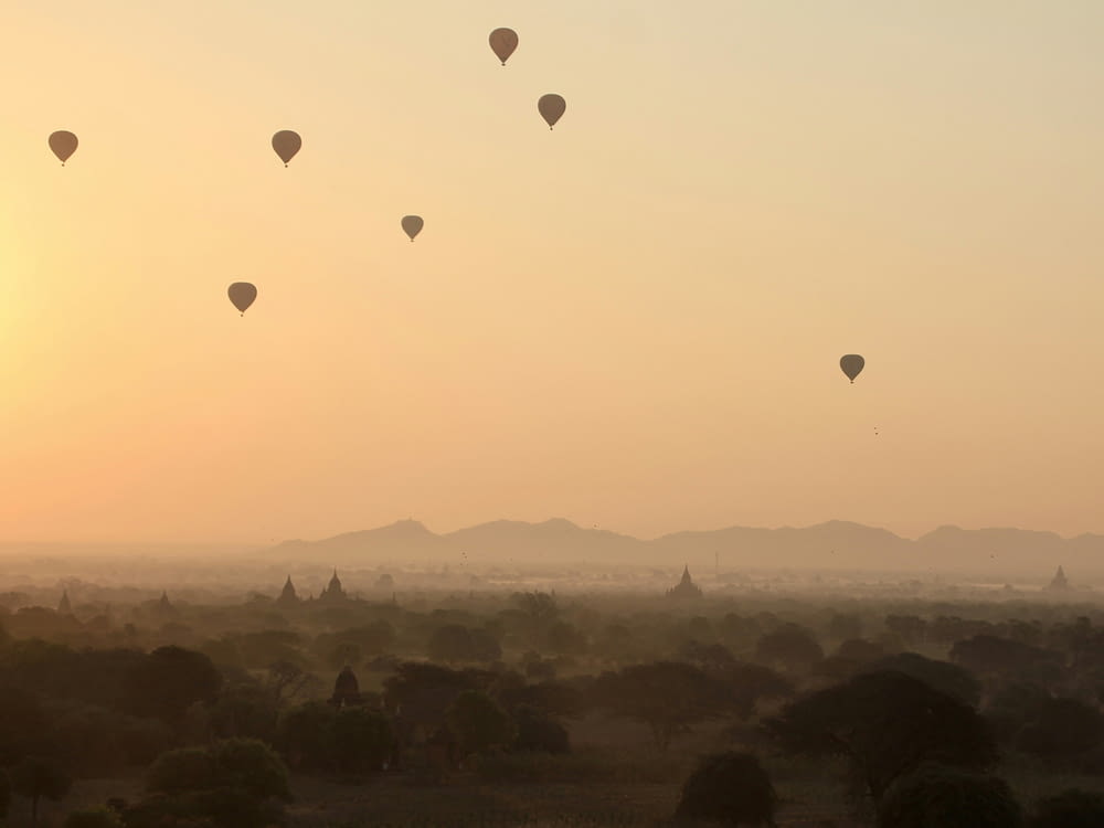 um grupo de balões de ar quente voando no céu