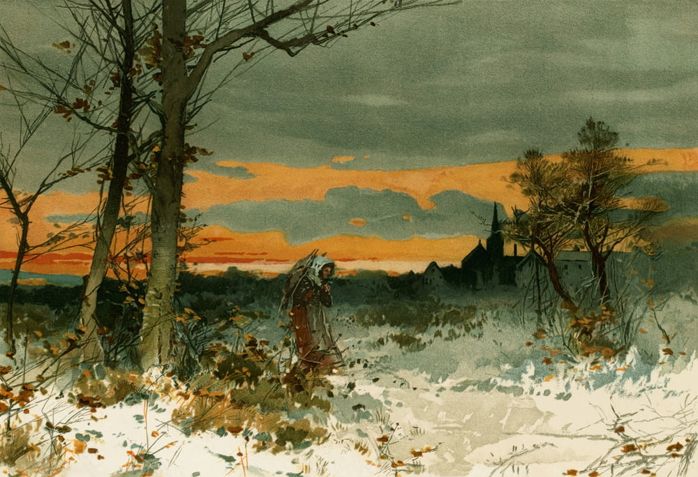 a painting of a woman walking through a snowy forest