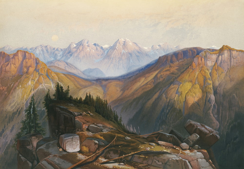 uma pintura de uma cena de montanha com rochas e árvores