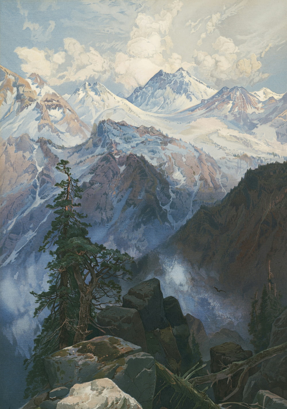una pintura de una cadena montañosa con un pino en primer plano