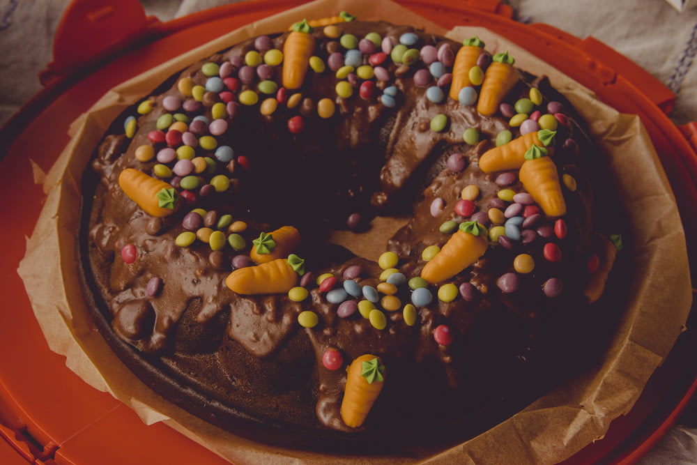 a chocolate cake decorated with candy and candies