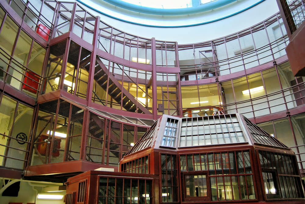 a large building with a spiral staircase in the middle of it