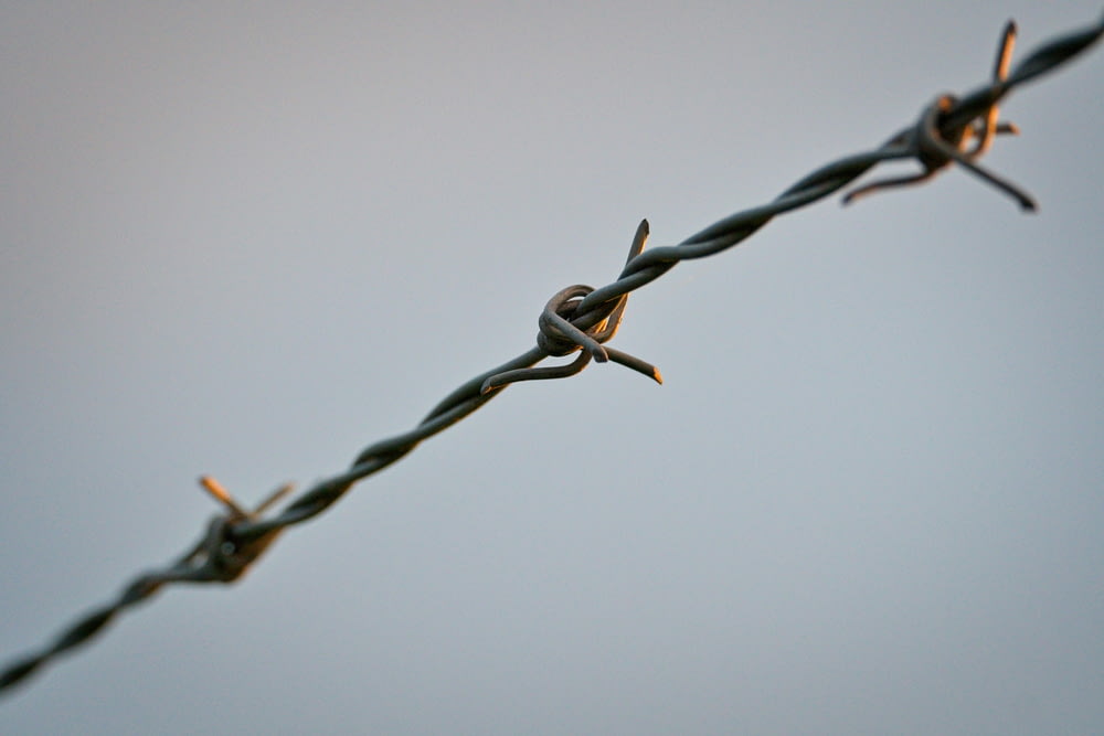a close up of a barbed wire with a sky background