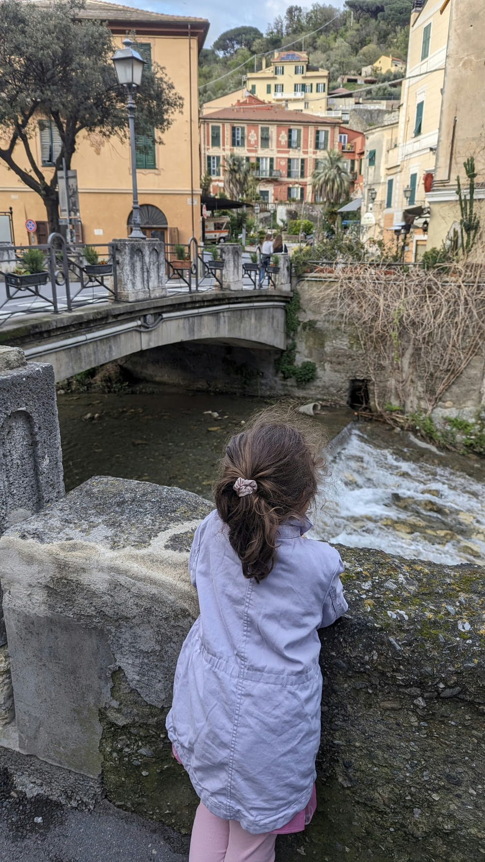 a little girl standing on a bridge looking at the water