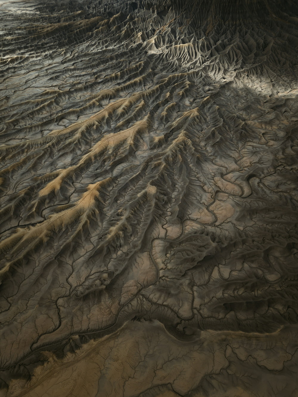 an aerial view of a desert landscape with a mountain in the background