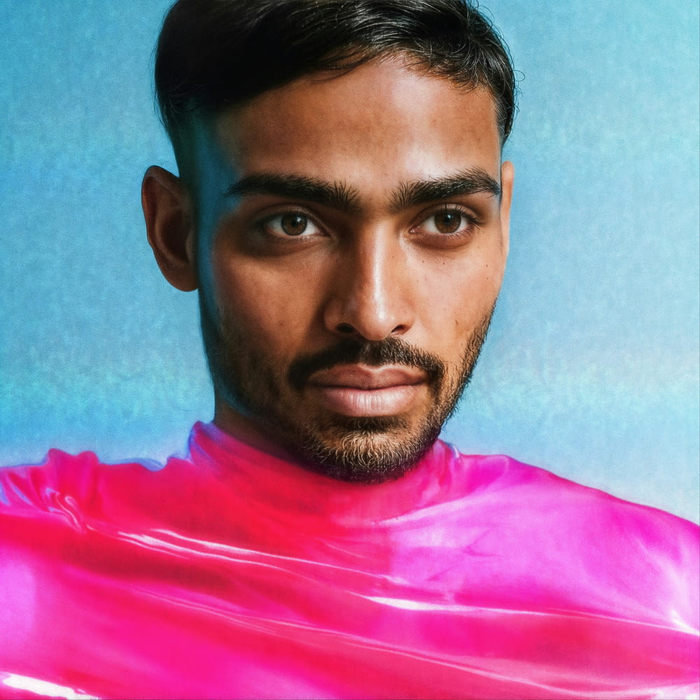Von Ai erstelltes Porträt eines dunkelhaarigen Models, das ein rosa Hemd trägt