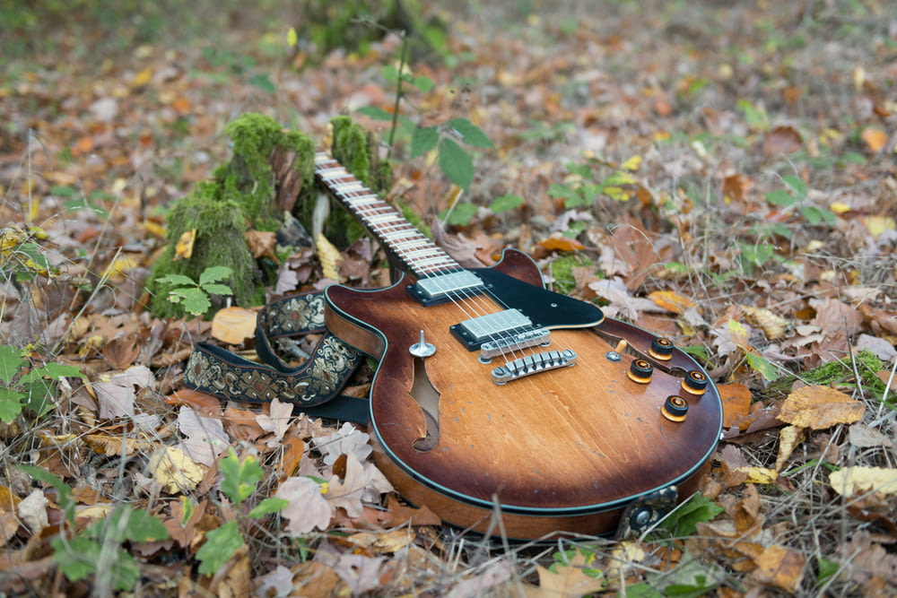 a guitar laying on the ground in the leaves