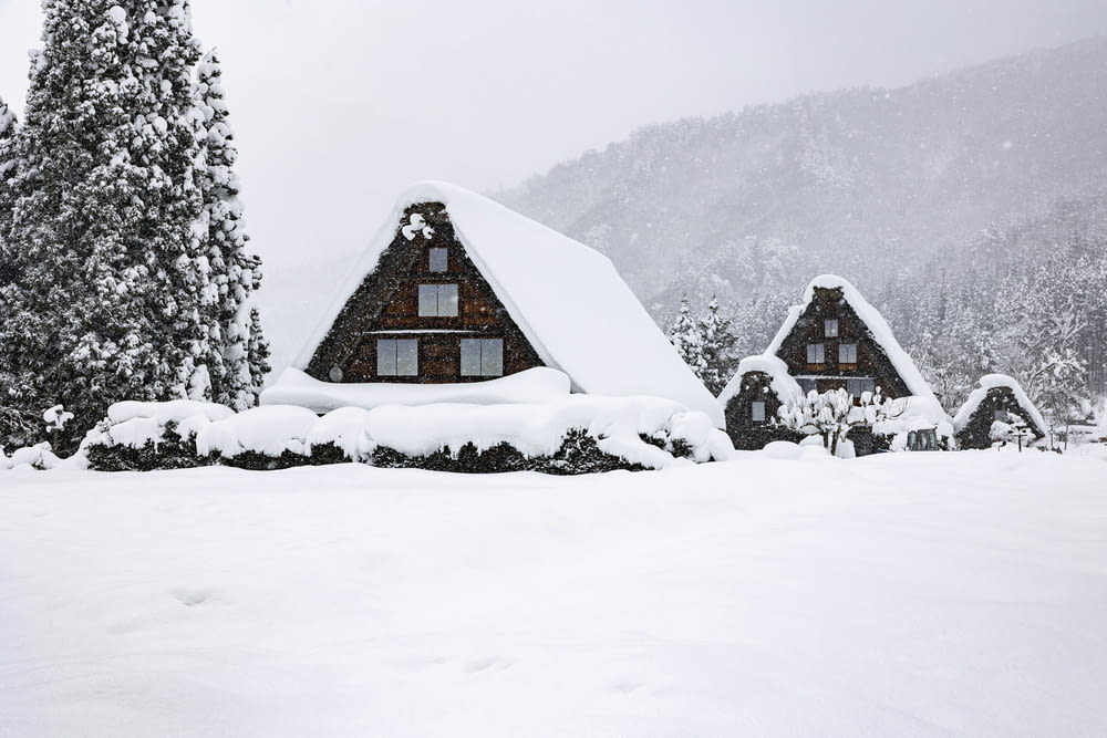 a couple of small houses covered in snow