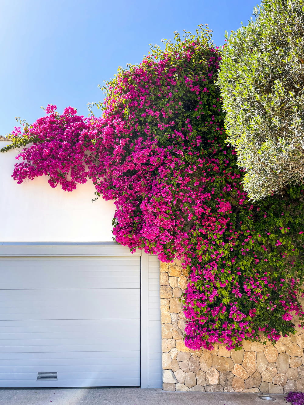 a white garage door sitting next to a wall covered in purple flowers