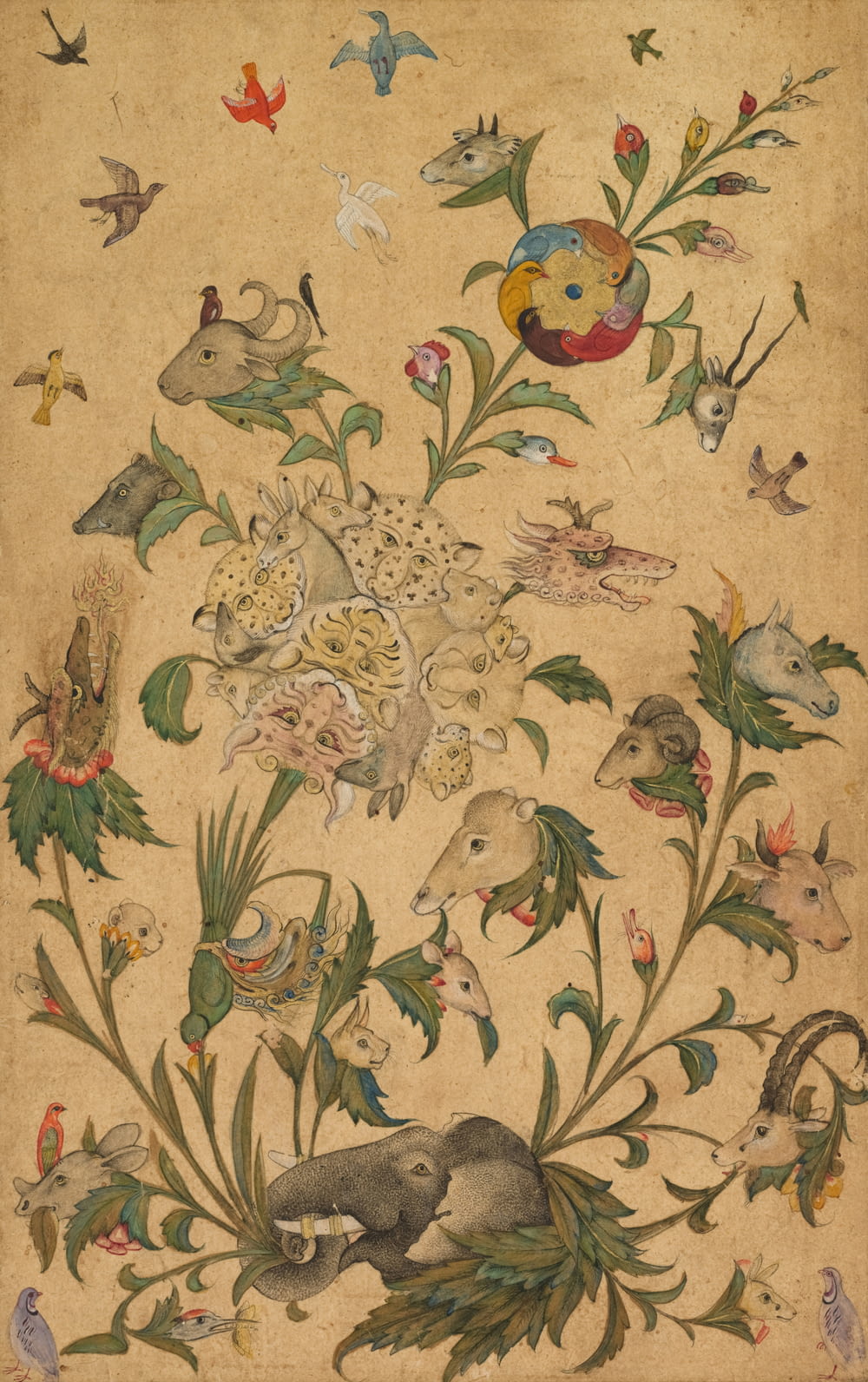 a painting of birds and flowers on a beige background