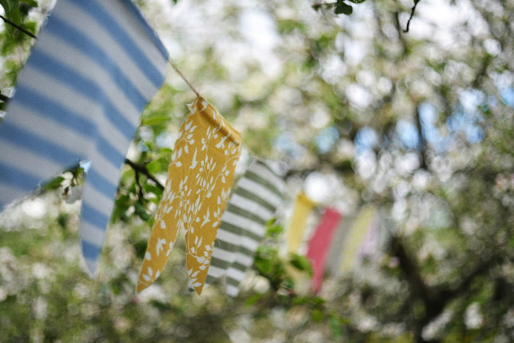 a group of colorful flags hanging from a tree