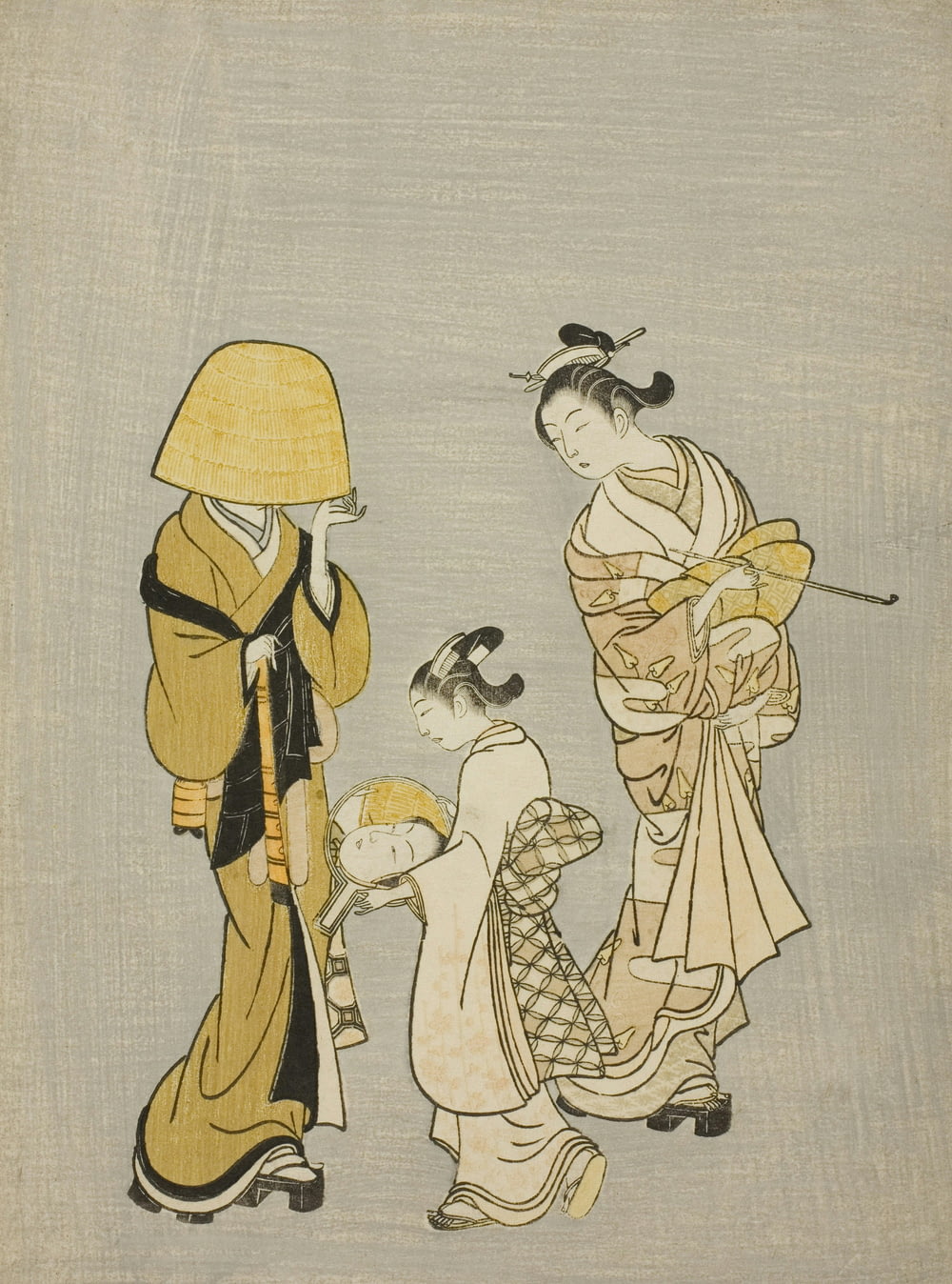 a painting of three women dressed in traditional japanese clothing