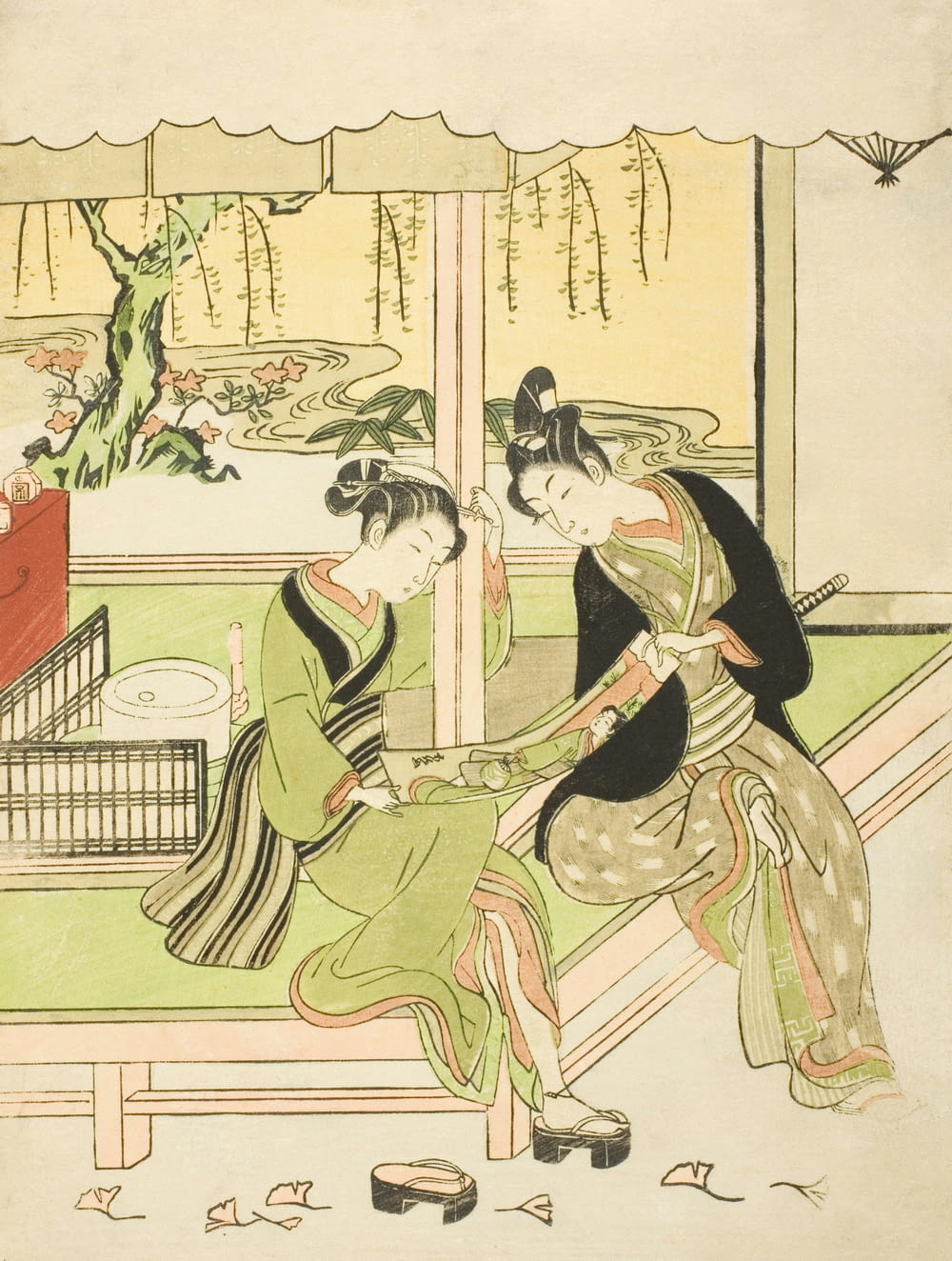 a painting of two women sitting on a bench