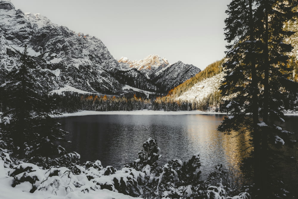 a mountain lake surrounded by snow covered trees