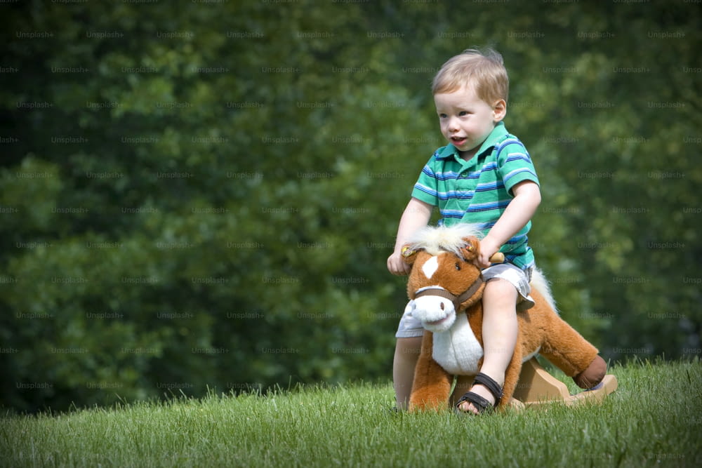Un petit garçon assis sur un cheval empaillé