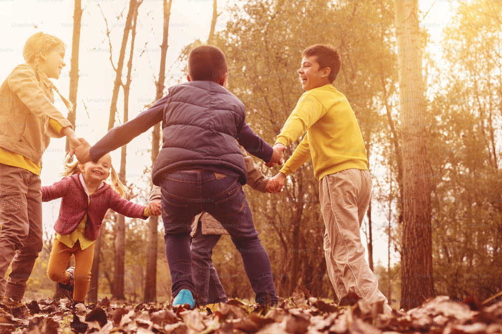 Group of a five people having fun in the autumn park.