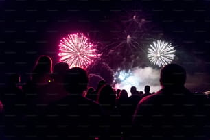 Multidão assistindo fogos de artifício e celebrando o ano novo