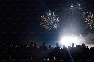 Multidão assistindo fogos de artifício e celebrando o ano novo