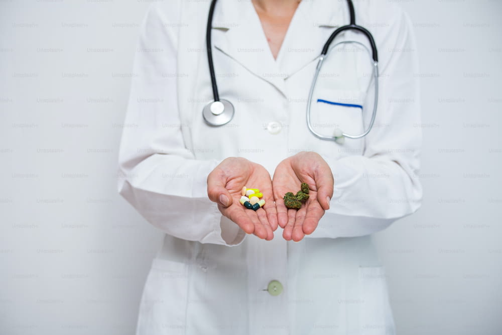 의사는 의료용 대마초와 알약의 새싹을 손에 들고 있습니다.