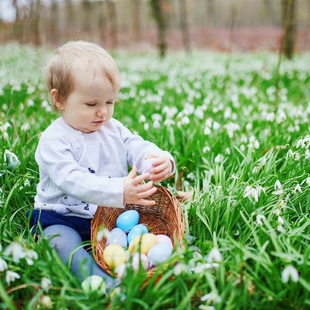 Cute little one year old girl playing egg hunt on Easter. Toddler sitting on the grass with many snowdrop flowers and gathering colorful eggs in basket. Little kid celebrating Easter outdoors in park or forest