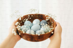 Happy Easter greetings. Hands holding wooden bowl with modern Easter eggs in spring flowers on white background. Stylish pastel blue Easter eggs painted in natural dye from red cabbage.