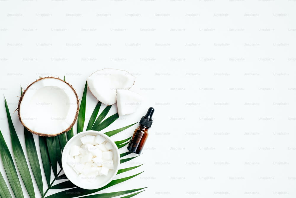 Coconut essential oil and moisturizing cream with tropical palm leaf on white background. SPA natural organic cosmetics for hands and body. Flat lay, top view